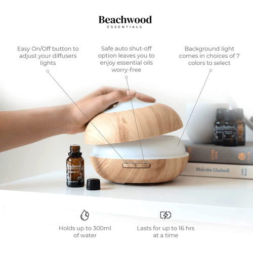 Beachwood Essentials Ultimate Ultrasonic Aromatherapy Diffuser for Essential Oils - Therapeutic Grade, Helps You to Relax - 3 Timer & 7 Ambient Light Settings - Up to 16 Hours of Use - Bamboo, 300mL