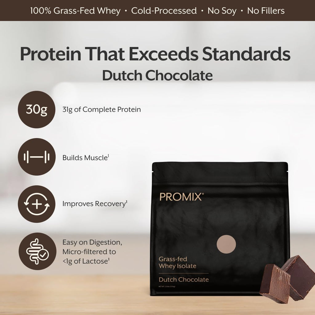 ProMix Nutrition Whey Protein Isolate Powder, Chocolate - Grass-Fed - ­Post Workout Fitness & Nutrition Shakes, Smoothies, Baking & Cooking Recipes - Gluten-Free & Keto-Friendly - 5lb