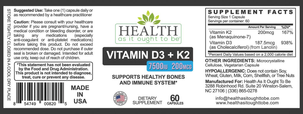 HAIOTB D3+K2: Vitamin D3 7500 IU (188mcg) + K2 200 mcg- 60 Capsules