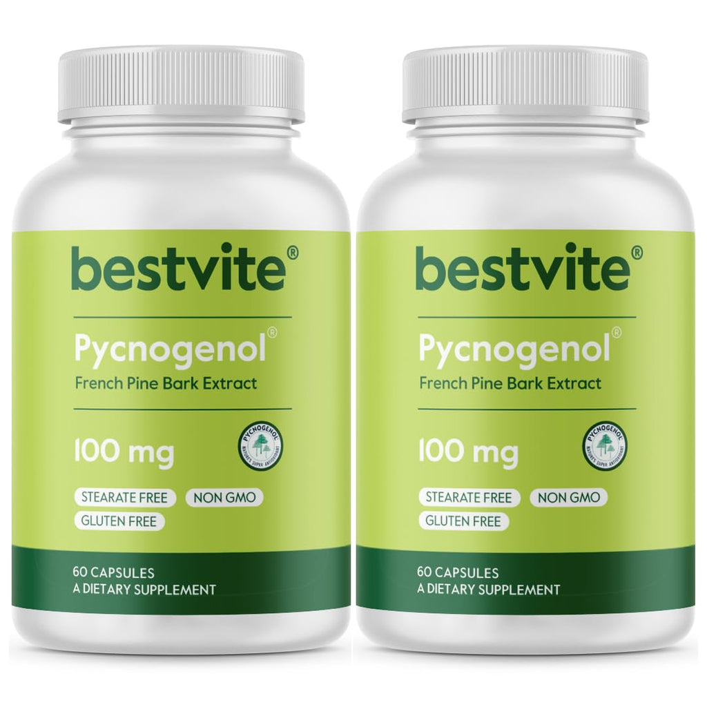 BESTVITE Pycnogenol 100mg (120 Capsules) (60x2) - French Maritime Pine Bark Extract - No Stearates - Gluten Free - Non GMO - Easy-to-Swallow Capsules