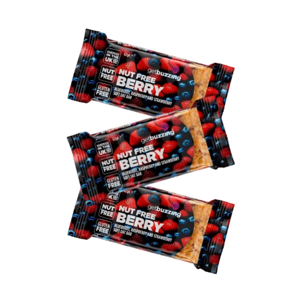 Get Buzzing Flapjacks Packs of 3 (3 Pack, Berry) - Gluten and Nute free, 62 gram bars x 3, Made in the UK
