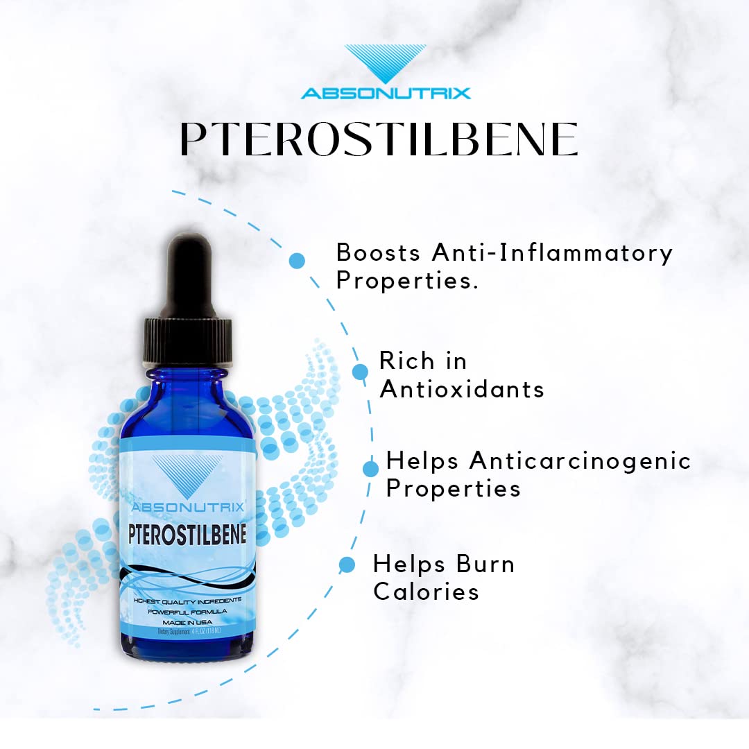 Absonutrix Pterostilbene 300 mg, 4 Fl Oz Liquid Drops, 200 Potent Servings, High Bioavailability, Third-Party Tested, Quick Absorption, GMP-Certified, Non-GMO, Cruelty-Free Products, Made in USA