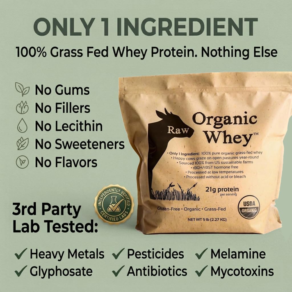 Raw Organic Whey Protein Powder, Grass Fed, Unflavored – 1 Ingredient, No Additives or Fillers, Undenatured, Made in USA, 12 oz