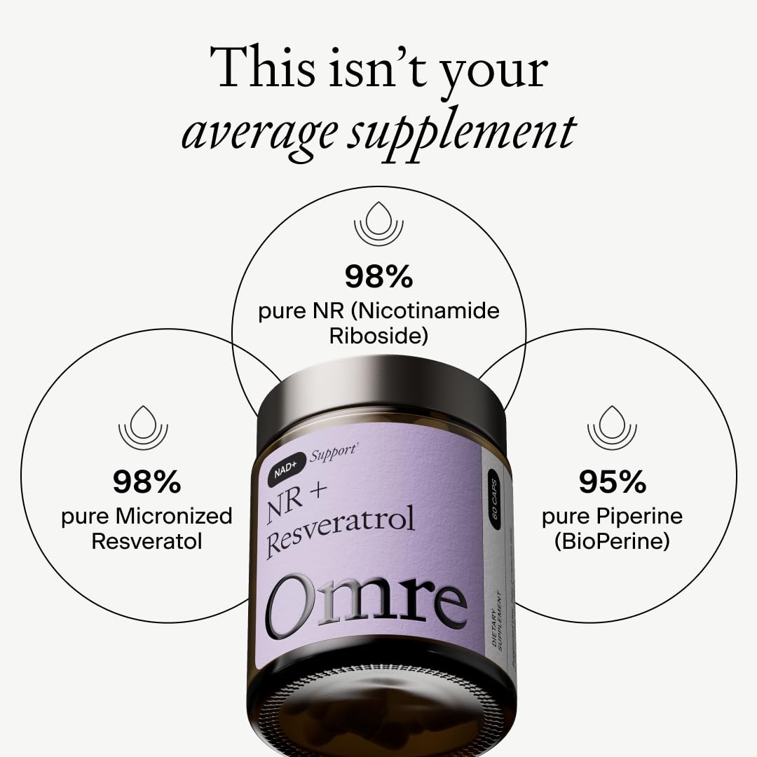 OMRE Nicotinamide Riboside + Resveratrol NAD Supplement Supports Aging, Energy & Cell Regeneration, 98% Pure 500mg NR & 500mg Micronized Resveratrol, 60 Capsules