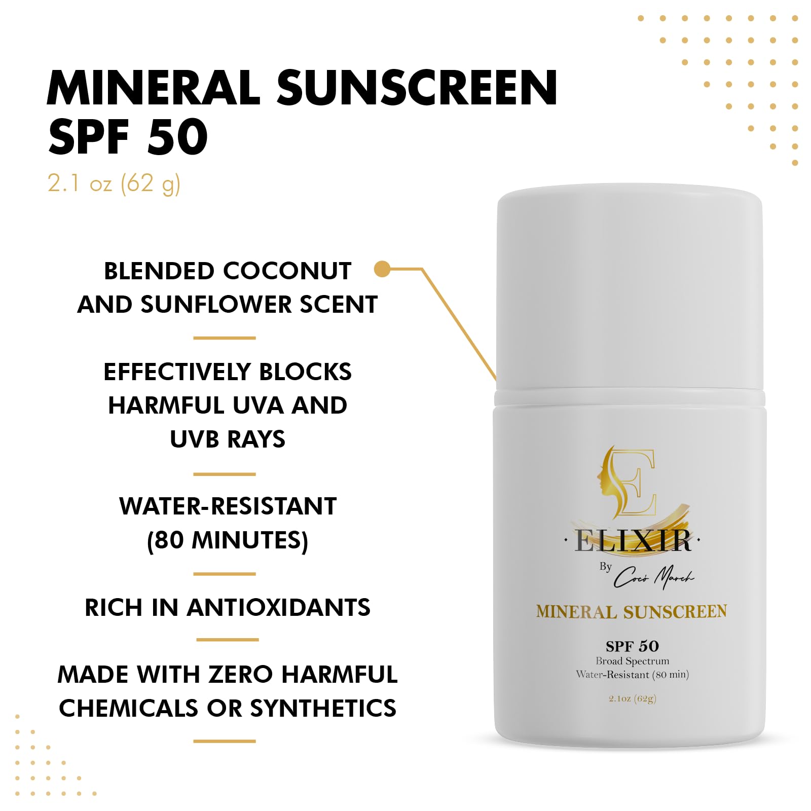 Elixir by Cocó March Mineral Sunscreen SPF 50 for Face & Body, Broad Spectrum Sun Protection, Water Resistant 80 Min, Hydrating Facial & Body Sunscreen for Adults & Kids, 2.1 oz (59 g)