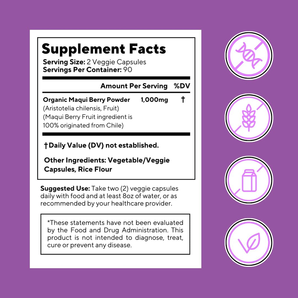 Vitapia Maqui Berry 1000mg - Maqui Berry Powder Supplement - Vegan Friendly, Non-GMO and Gluten-Free - 180 Veggie Capsules