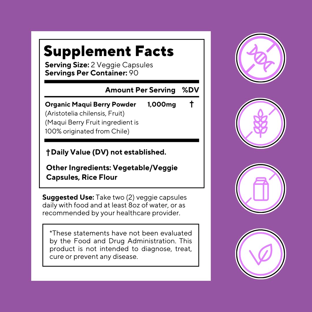Vitapia Maqui Berry 1000mg - Maqui Berry Powder Supplement - Vegan Friendly, Non-GMO and Gluten-Free - 180 Veggie Capsules