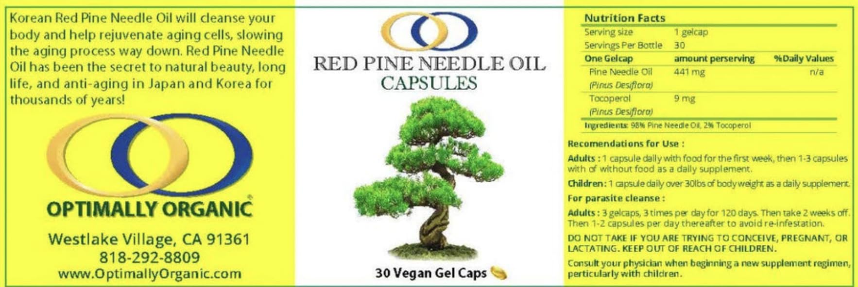 Optimally Organic Korean Red Pine Needle Oil Capsules - Powerful Immune System Booster - Anti Aging Properties - Wild Crafted, Non GMO - Pure, Bioactive, Vegan Beauty Treatment - 30 Capsules
