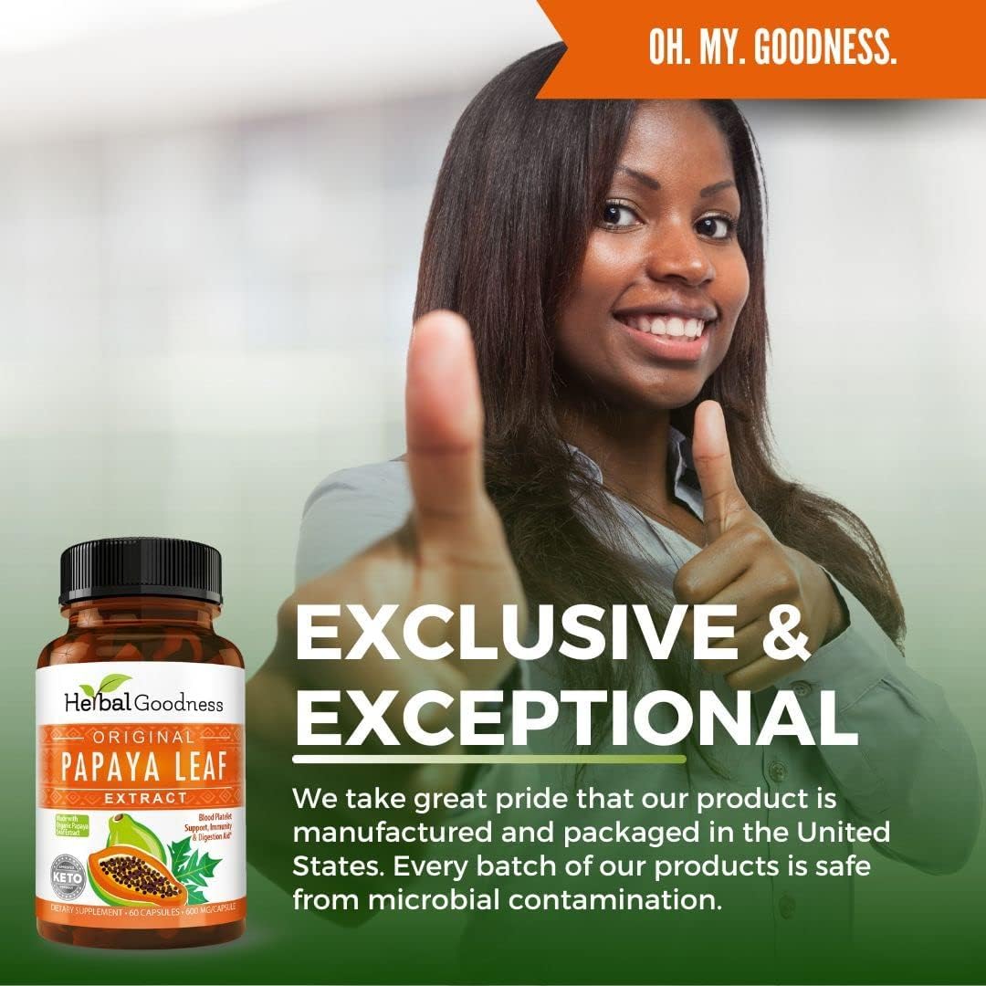Herbal Goodness Papaya Leaf Extract Digestive Enzymes - 10X Strength 60/600mg Veg Capsules- Blood Platelet, Bone Marrow & Spleen Support, Immune Gut & Super Digestive Health - Made in USA