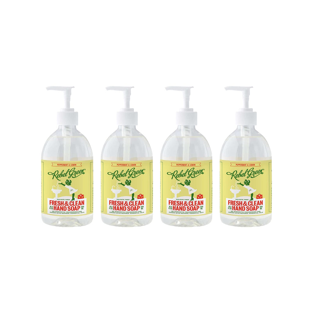 Rebel Green Liquid Hand Soap - Moisturizing Natural Bathroom & Kitchen Liquid Soap - Gentle Household Hand Wash (Peppermint and Lemon, 16.90 Fl Oz (Pack of 4))