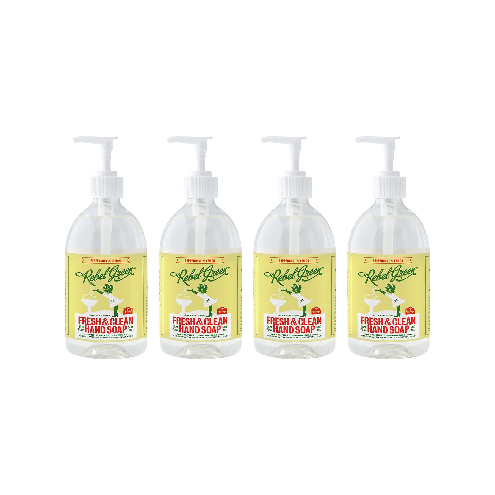 Rebel Green Liquid Hand Soap - Moisturizing Natural Bathroom & Kitchen Liquid Soap - Gentle Household Hand Wash (Peppermint and Lemon, 16.90 Fl Oz (Pack of 4))