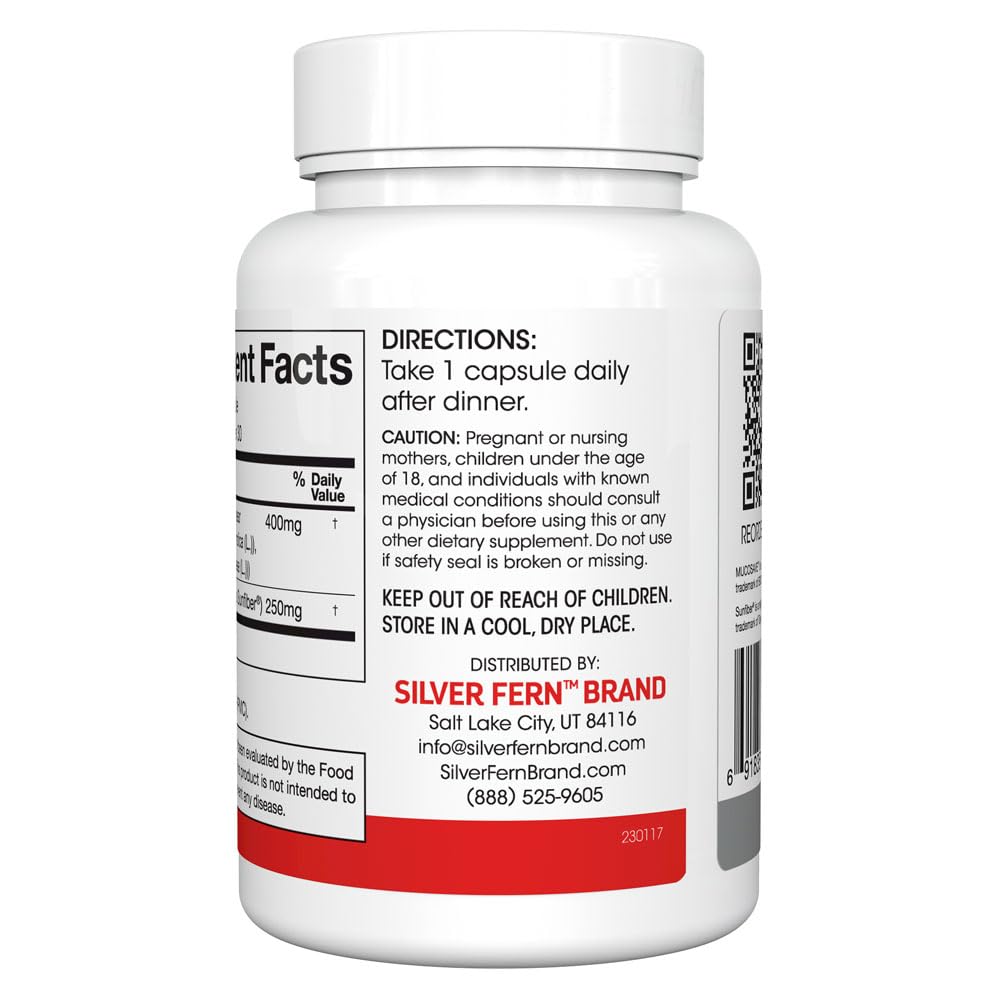 Silver Fern Regularity Digestive Supplement Capsules Brand - 1 Bottle = 30 Capsules = 30 Day Supply - Mucosave FG (Prickly Pear Polysaccharides & Olive Leaf Polyphenols) & SunFiber