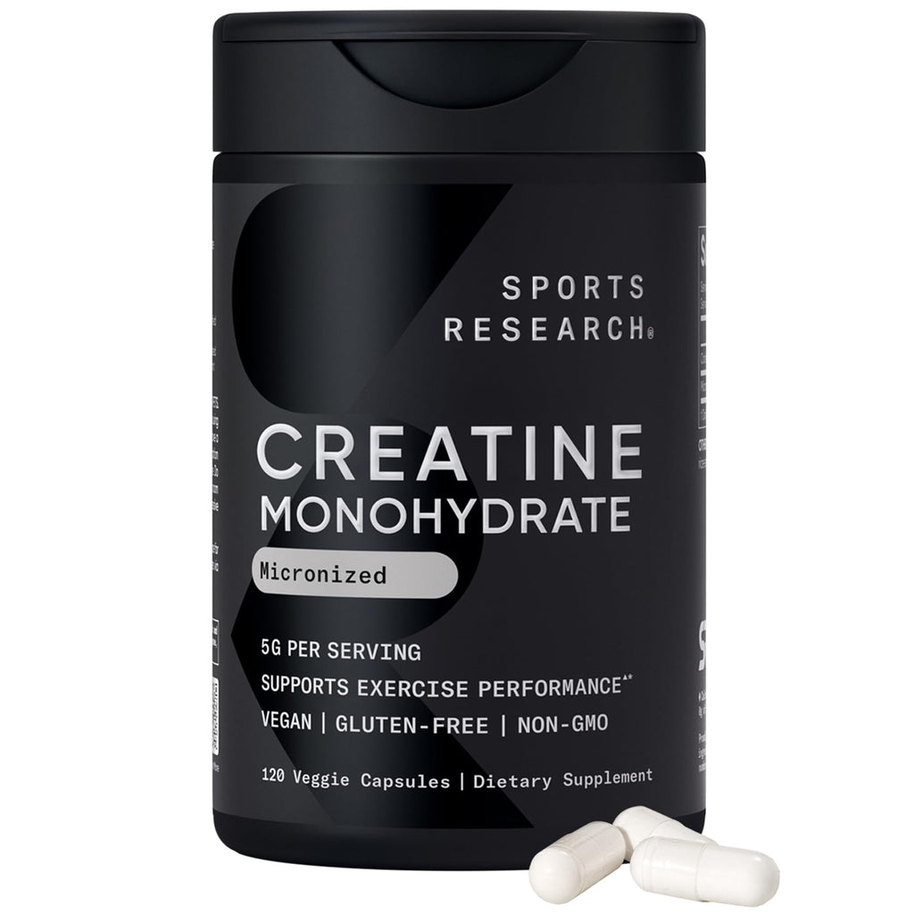 Sports Research® Creatine Monohydrate Capsules - Supports Workout Recovery, Lean Muscle gain, Performance and Strength* - Non-GMO, Vegan Certified - 5g per Servings - 120 Veggie Capsules