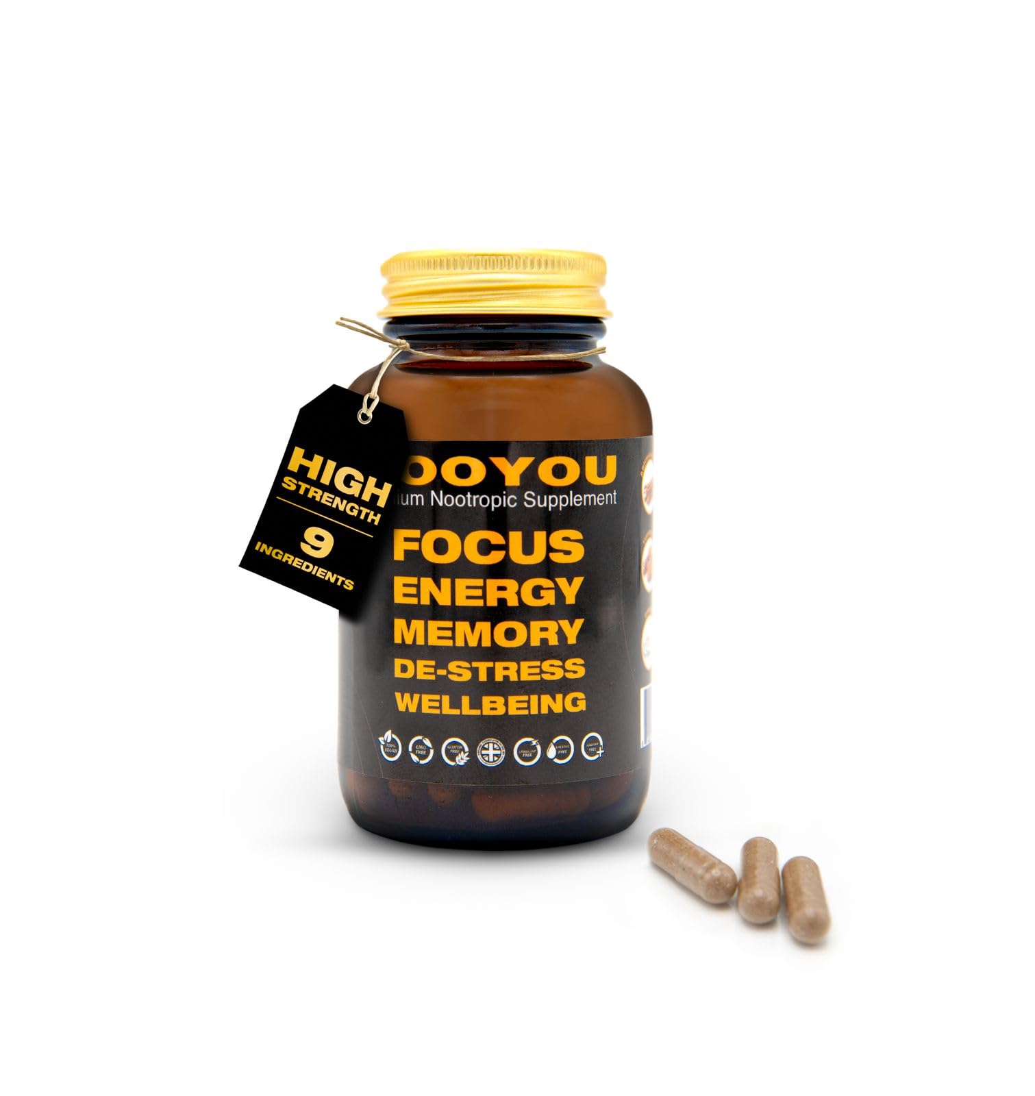 Lions Mane, Ashwagandha, Alpha GPC, Reishi, Ginger Root, 9 in 1, 1500mg Nootropic Brain Supplement Mushroom Complex Increase Energy, Focus, Memory & Wellbeing Formula, 60 Capsules 1500mg by NOOYOU