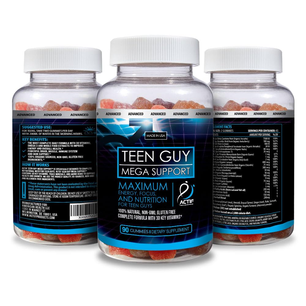 Actif Teen Guy Mega Support with 30 Organic Vitamins, Omega-3, Super Greens, Fruits, Vegetables – Energy and Memory Supplement for Teens, 90 Gummies