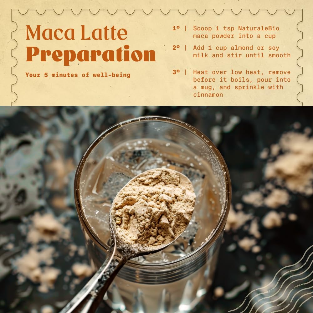 NaturaleBio Maca Powder Organic 8 oz. Peruvian, Natural and Pure, from Organic Maca Root. Vegetarian and Vegan Friendly - Gelatinized. Gelatinized for Enhanced Bioavailability. Ideal for Smoothie.