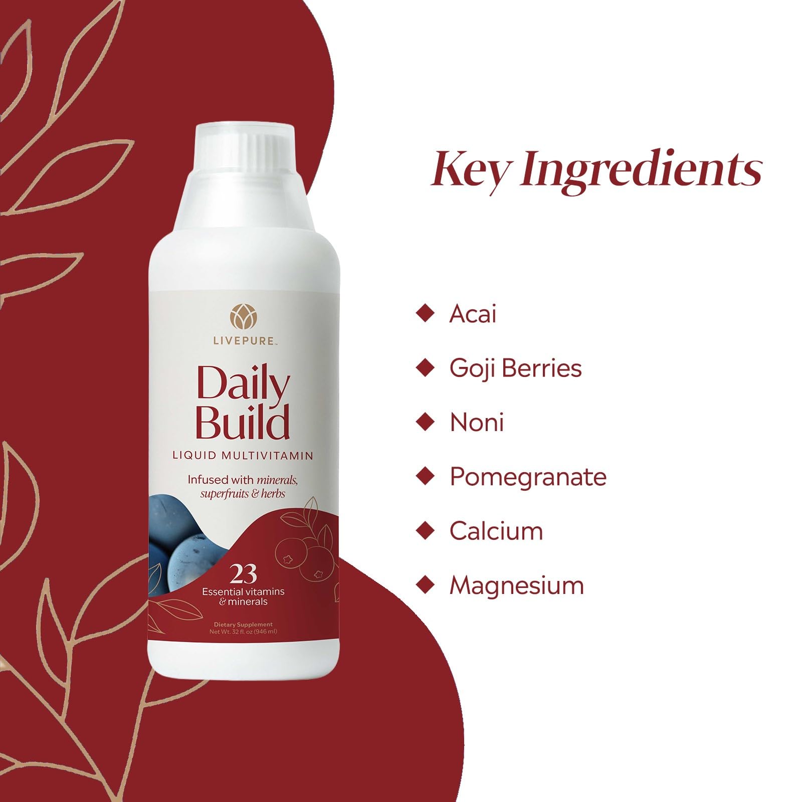 PURE Daily Build Liquid Multivitamin & Mineral/Herbal Dietary Supplement with Superfruits - 1 Bottle of 32 Fl Oz (946ml)