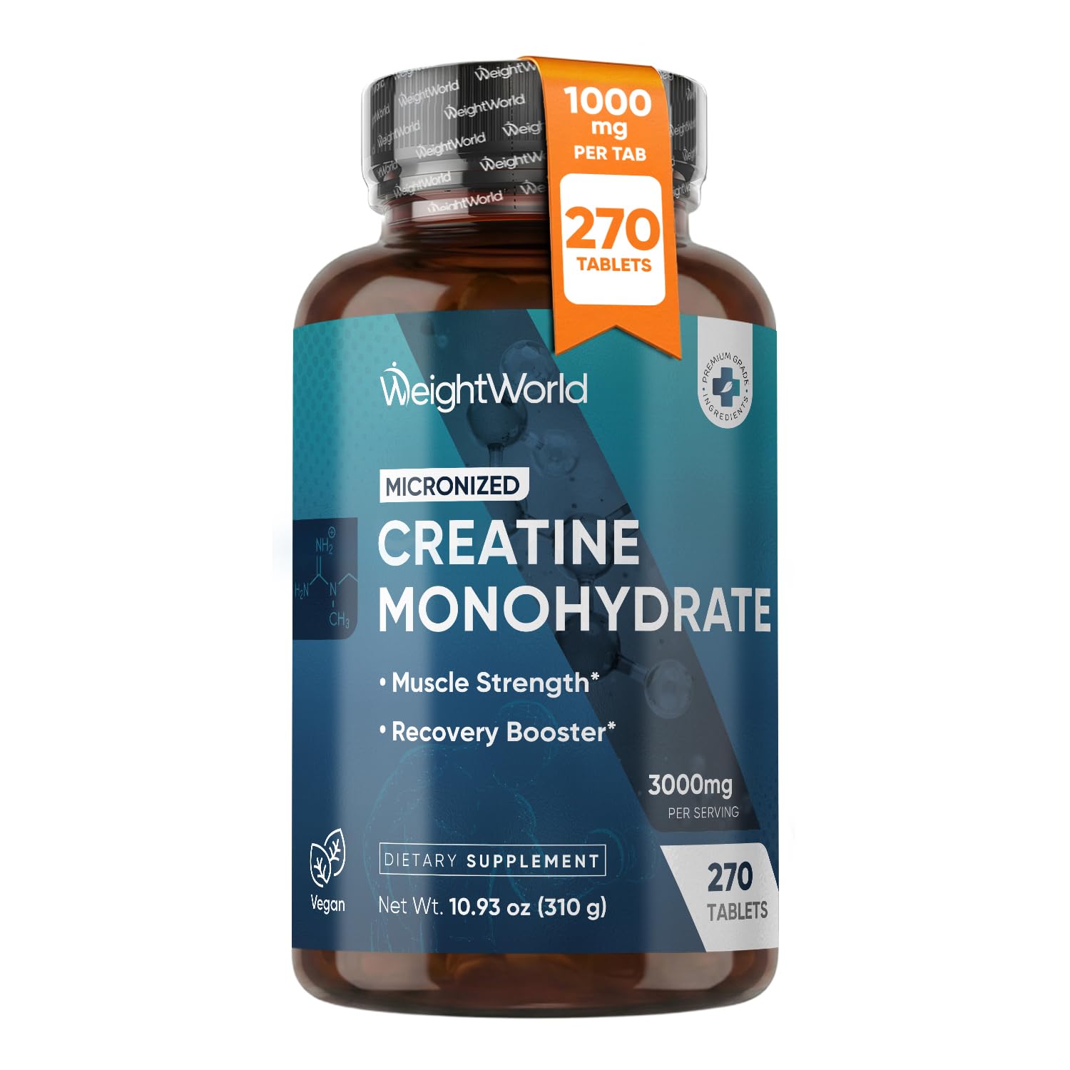WeightWorld Micronized Creatine Monohydrate 3000mg Tablets - Muscle Growth, Strength, Energy & Recovery | Pre Workout Creatine for Women & Men | 1000mg per Tab | Vegan 270 Tablets (3 a Day), Non-GMO