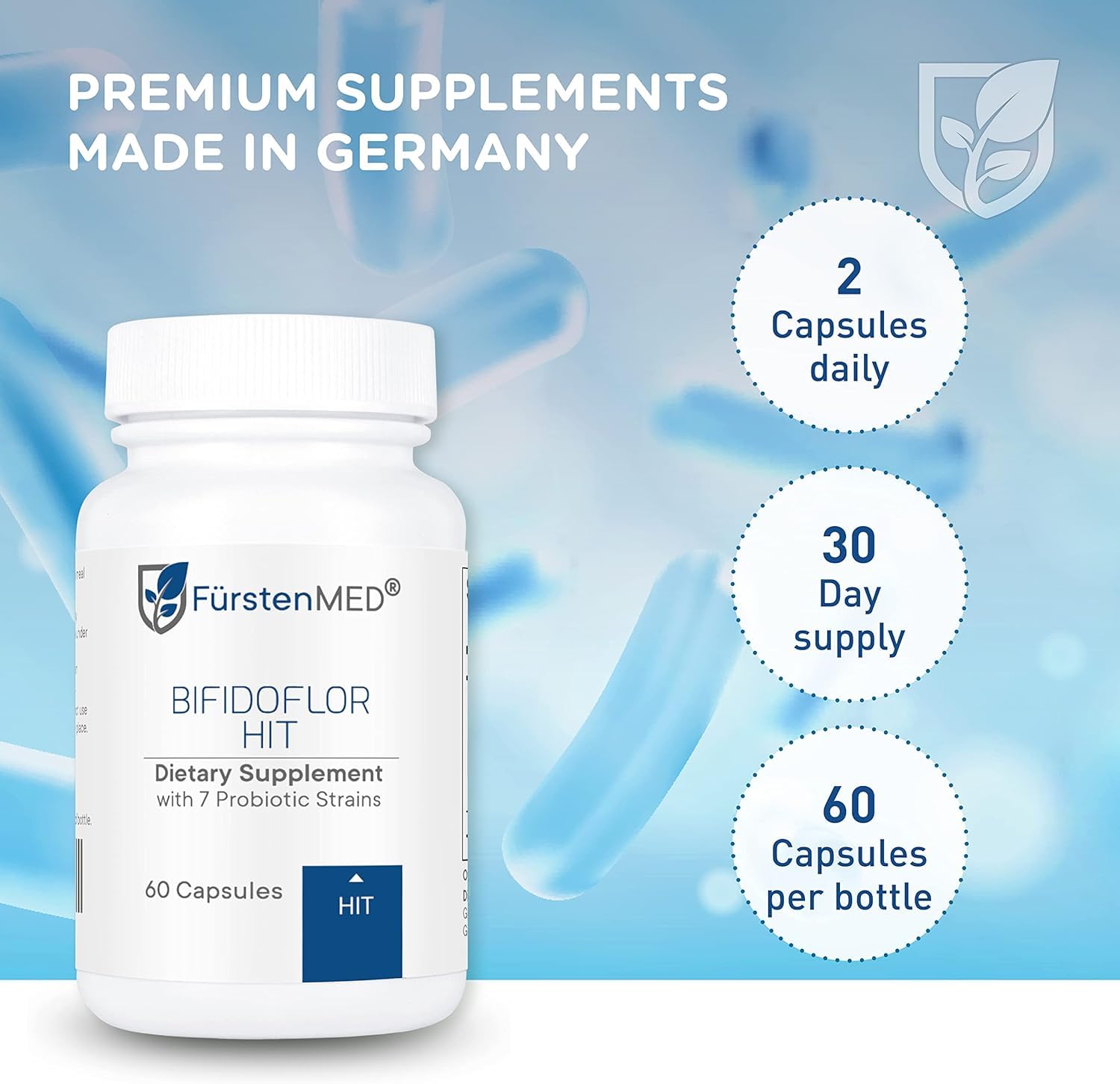 FürstenMED Bifidoflor HIT – Low Histamine Probiotic for Histamine Intolerance, Sensitive Gut & Digestive Health, 7-Strain Lactobacillus & Bifidobacterium, 15.6B CFU, Vegan, 60 Delayed-Release Capsules