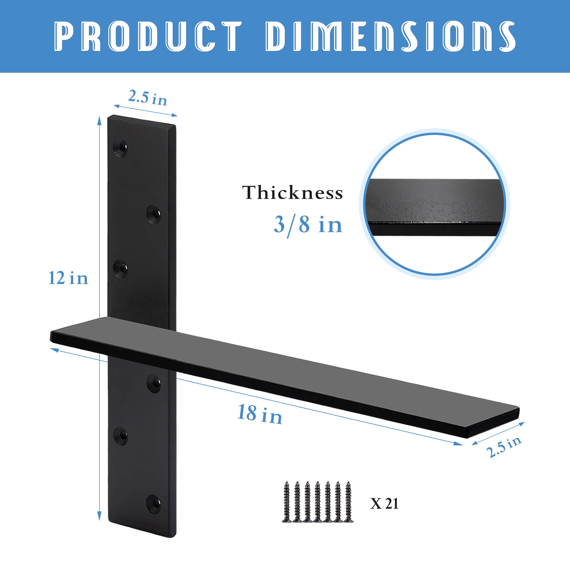 Floating Shelf Bracket 3/8" Thick Heavy Duty Shelf Brackets 3 Pack Free Hanging Countertop Support Bracket 18" Lx2.5 W Floating Wall Brackets for Cabinets, Granite, Dishwasher, Bench Seats Vanities