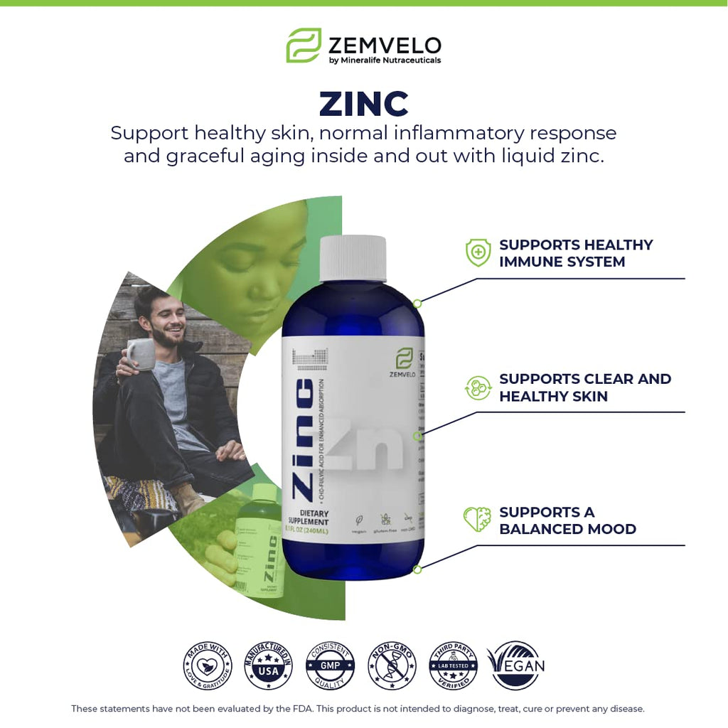 ZEMVELO Liquid Ionic Zinc Supplement – Supports Immune Health & Energy Production – Maintains Skin and Cellular Health – 3-Month Supply
