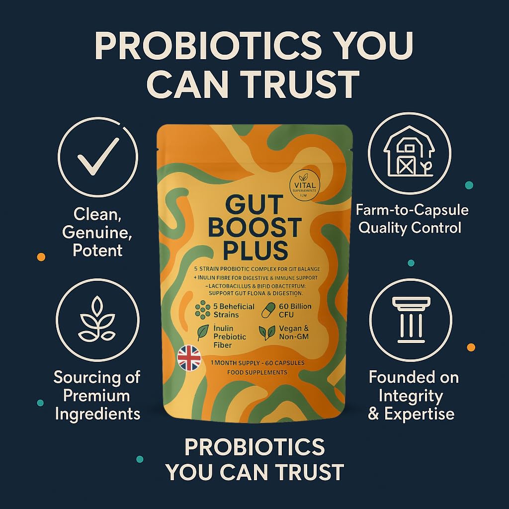 Gut Boost Plus – 5-Strain Probiotic & Inulin Prebiotic | 60 Billion CFU | Digestive Balance, Gut Flora & Immune Support | Slow-Release Vegan Capsules | UK Manufactured Supplement, 60 Capsules