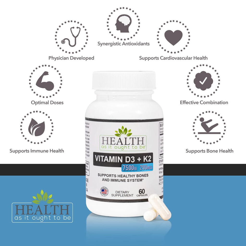 HAIOTB D3+K2: Vitamin D3 7500 IU (188mcg) + K2 200 mcg- 60 Capsules