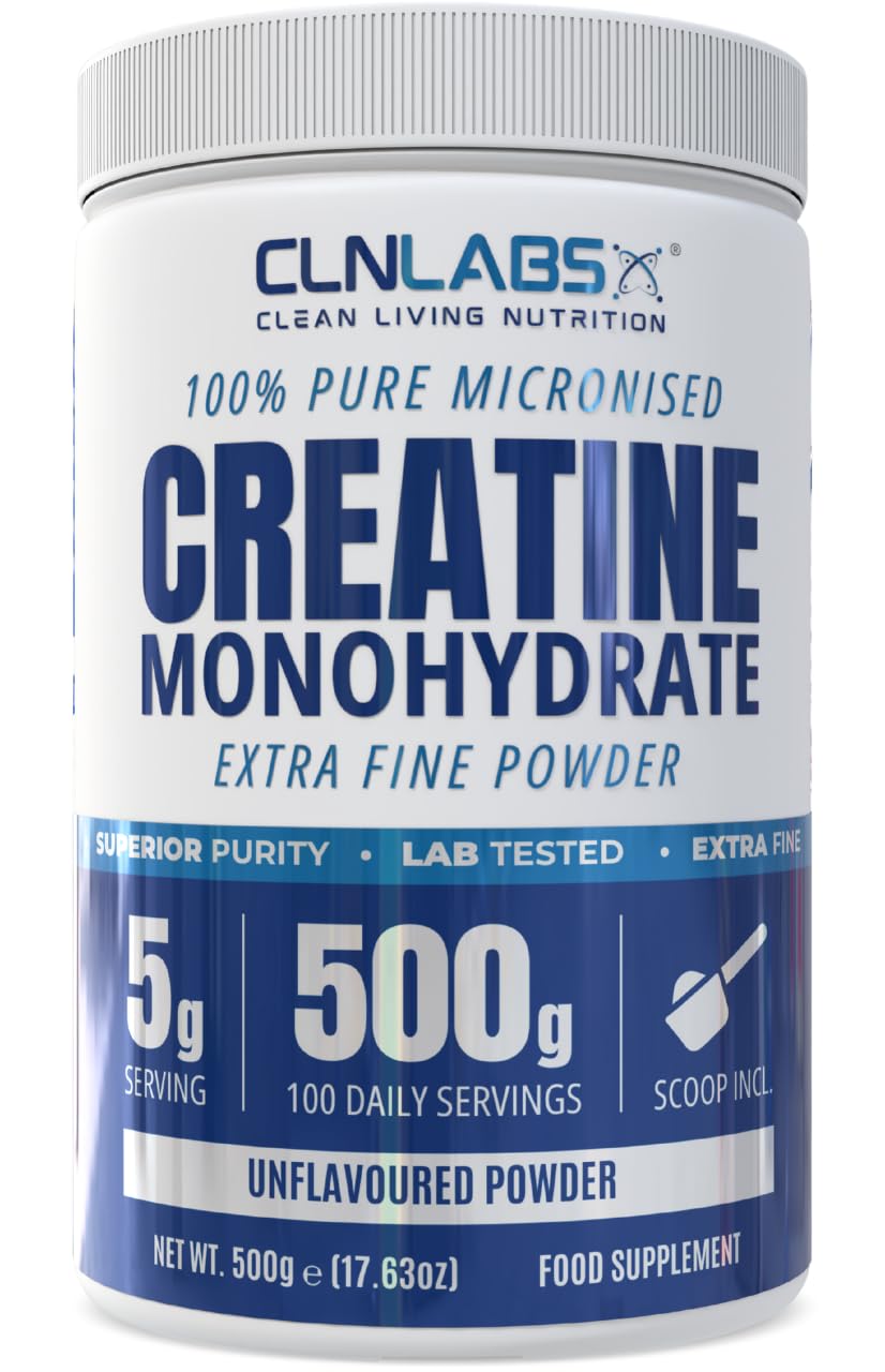 Creatine Monohydrate Powder - 500g Tub (200 Mesh) | Fine Grade, Pure & Mixes Easily | Includes Scoop | Unflavoured | Made in The UK By CLN Labs