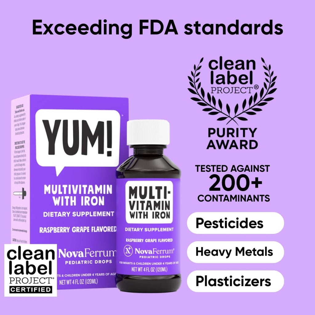NovaFerrum Yum | Multivitamin with Iron for Infants, Toddlers & Kids | Immune Support | Ages 4 & Under | Gluten Free Certified | Sugar Free | Raspberry Grape | 120 Servings