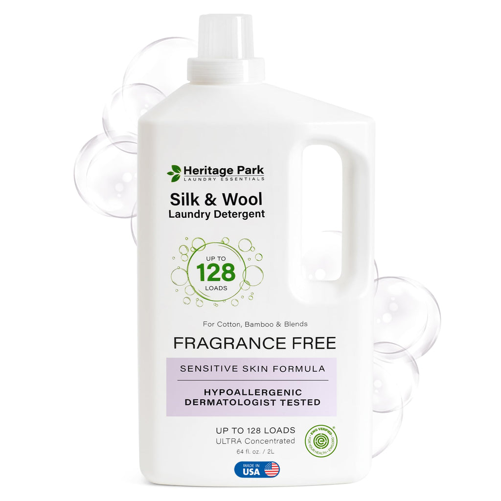 Heritage Park Silk & Wool Fragrance Free, Hypoallergenic, pH-Neutral Laundry Detergent - Dermatologist-tested, Sensitive Skin-Friendly, Enzyme-Free, Concentrated Up to 128 loads (64 fl oz)