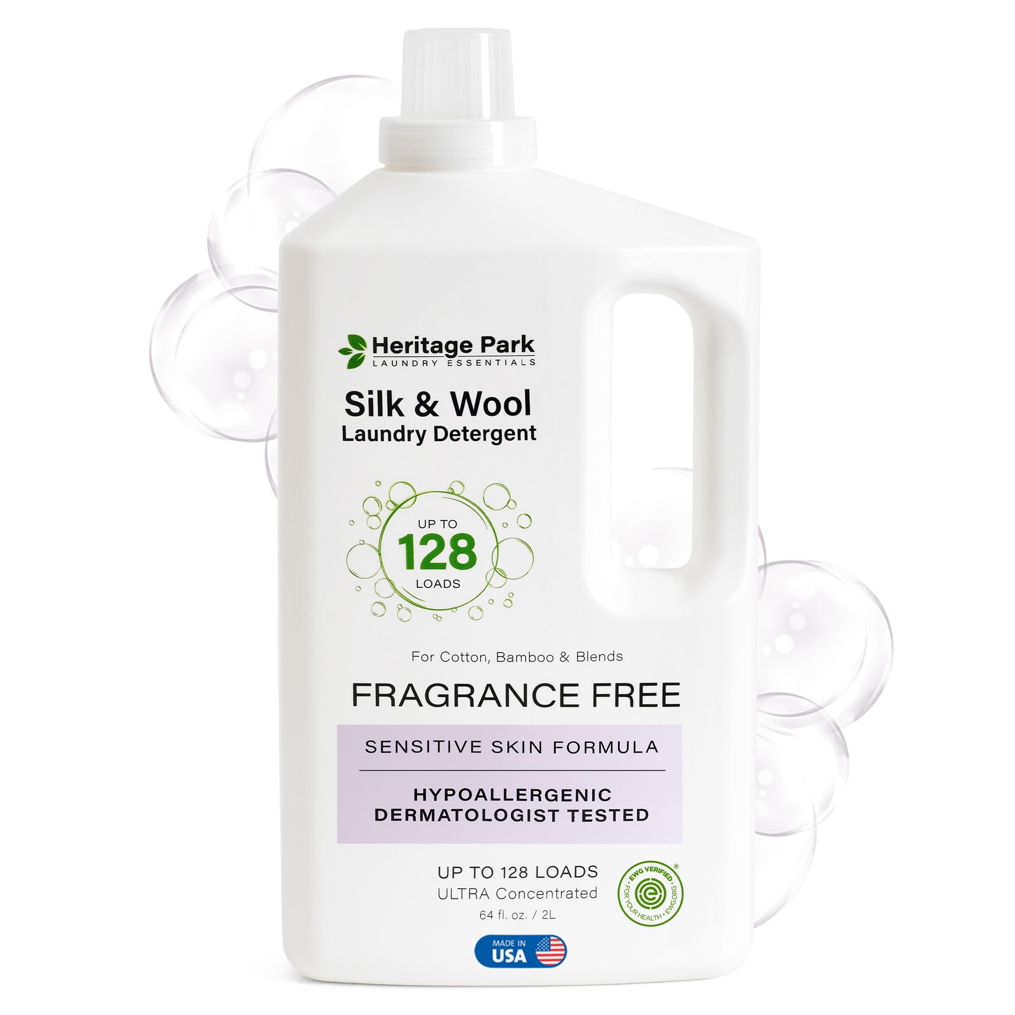 Heritage Park Silk & Wool Fragrance Free, Hypoallergenic, pH-Neutral Laundry Detergent - Dermatologist-tested, Sensitive Skin-Friendly, Enzyme-Free, Concentrated Up to 128 loads (64 fl oz)