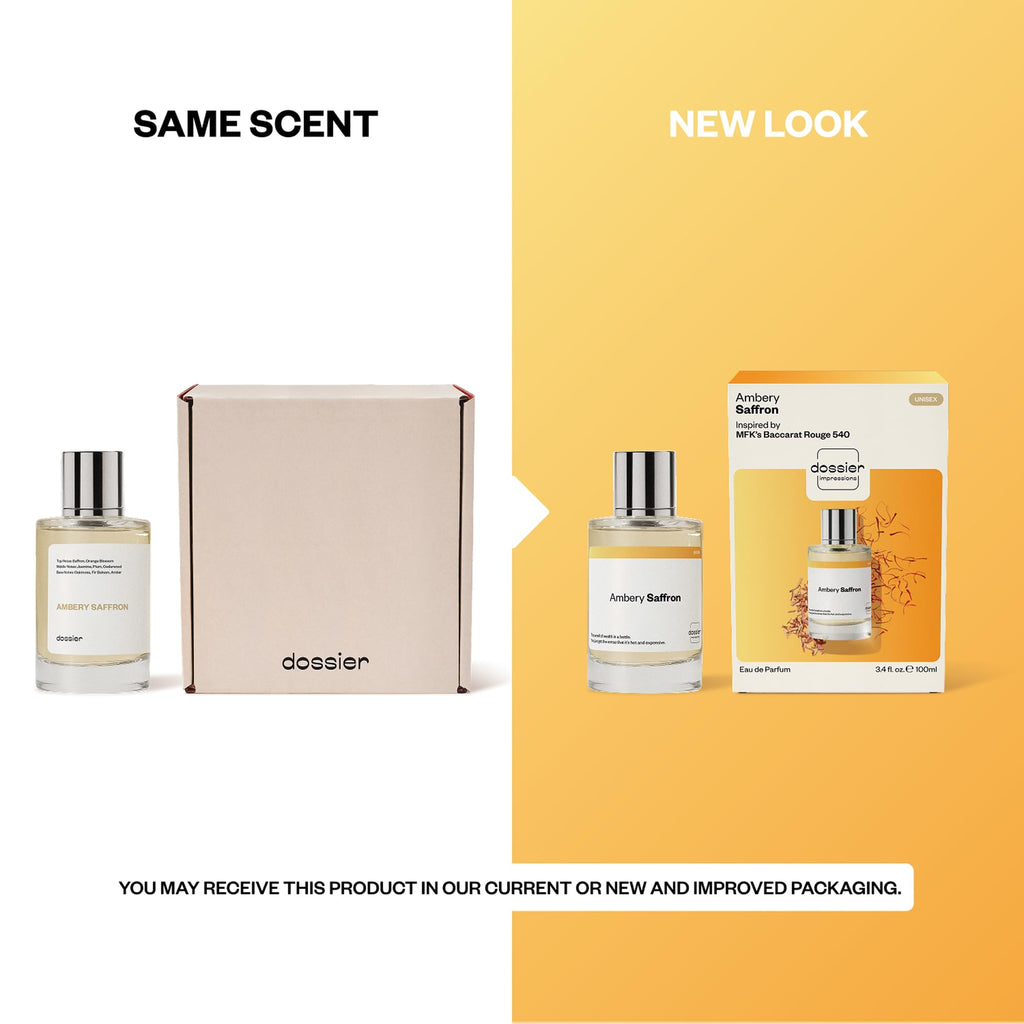 Dossier - Ambery Saffron - Eau de Parfum - Inspired by Baccarat Rouge 540 - Long-Lasting Fragrance - Unisex - 3.4 fl oz (100ml)
