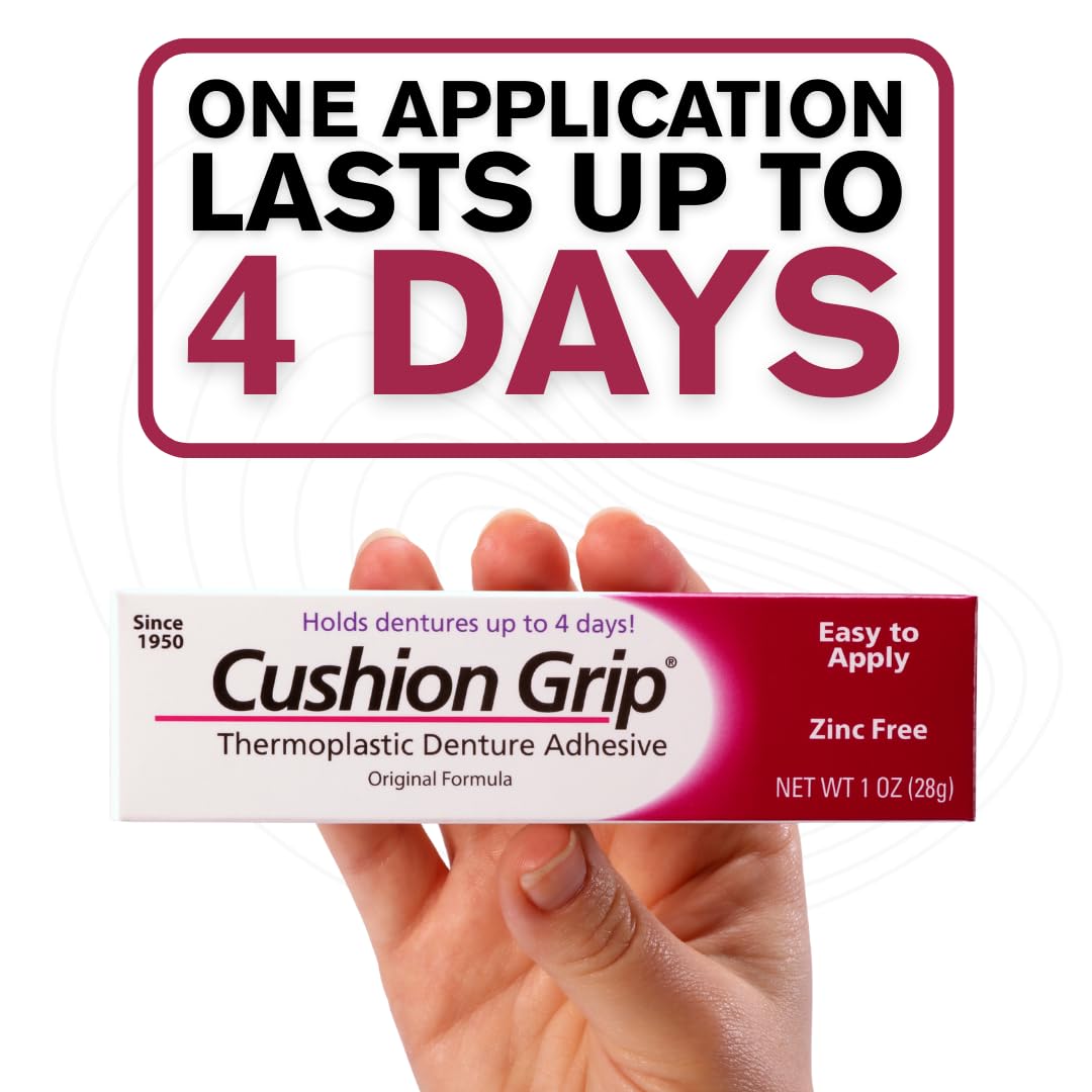 Cushion Grip Thermoplastic Denture Adhesive – Refits & Tightens Loose Dentures, Works Like a Denture Reliner for Long-Lasting Comfort, Holds Up to 4 Days, Waterproof & Zinc-Free - 1 oz (Pack of 5)