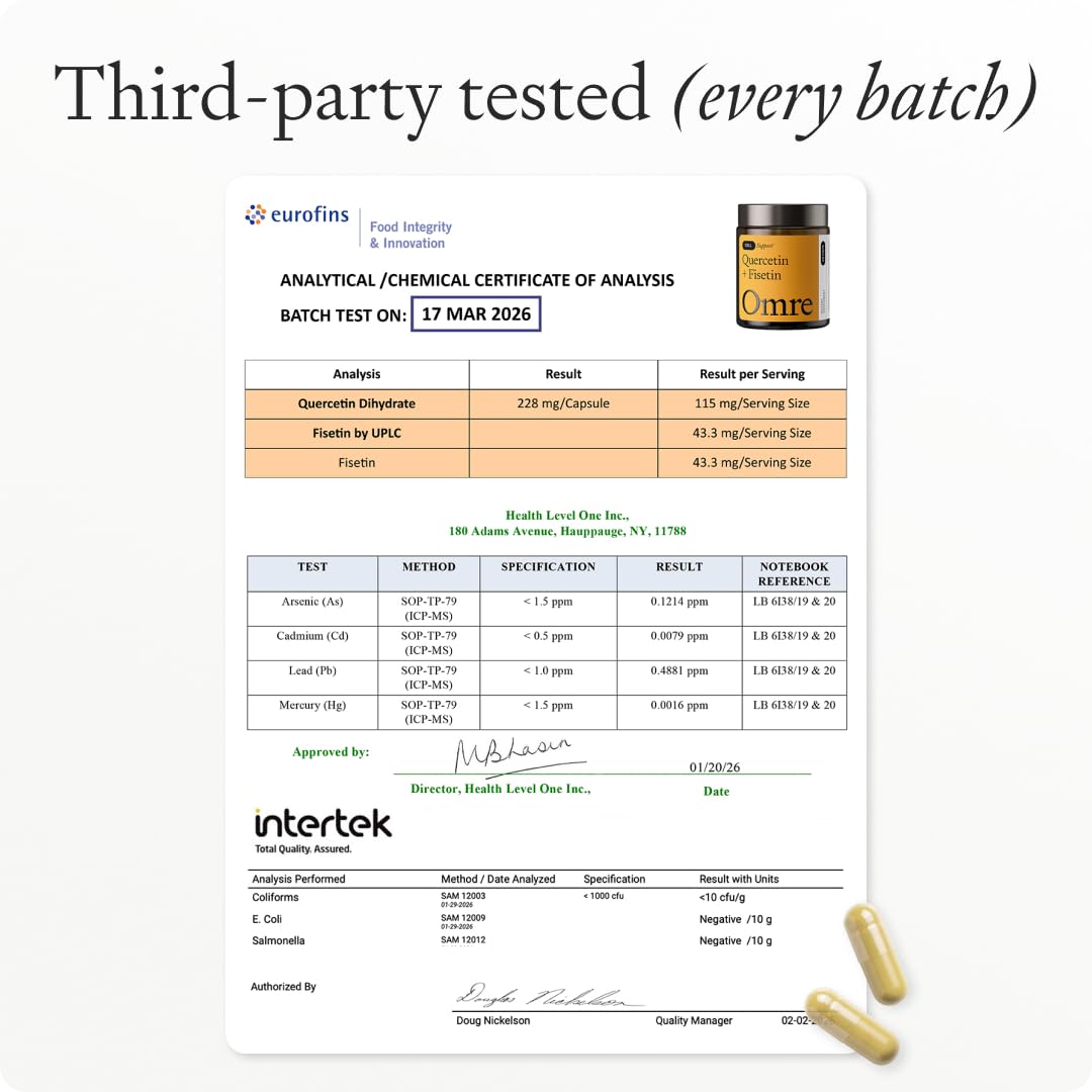 OMRE Quercetin and Fisetin Supplements - Third-Party Tested Senolytic Supplements for Aging Support - 500mg Quercetin Phytosome and 100mg Fisetin - Highly Bioavailable Forms