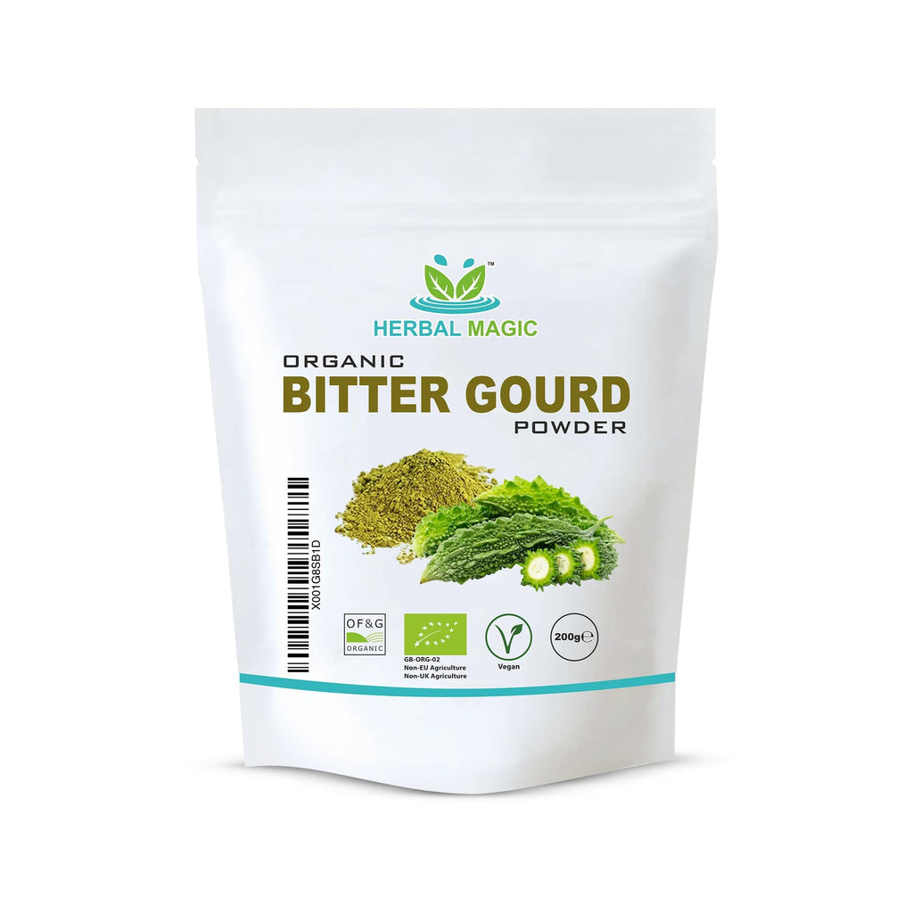 Herbal Magic's Organic Bitter Gourd Powder-Great Green Vegetable-Also Known as Karela, Bitter Melon,Balsam-pear. Free from Fillers & Preservatives- of&G UK Organic Certified 1x200g Pack
