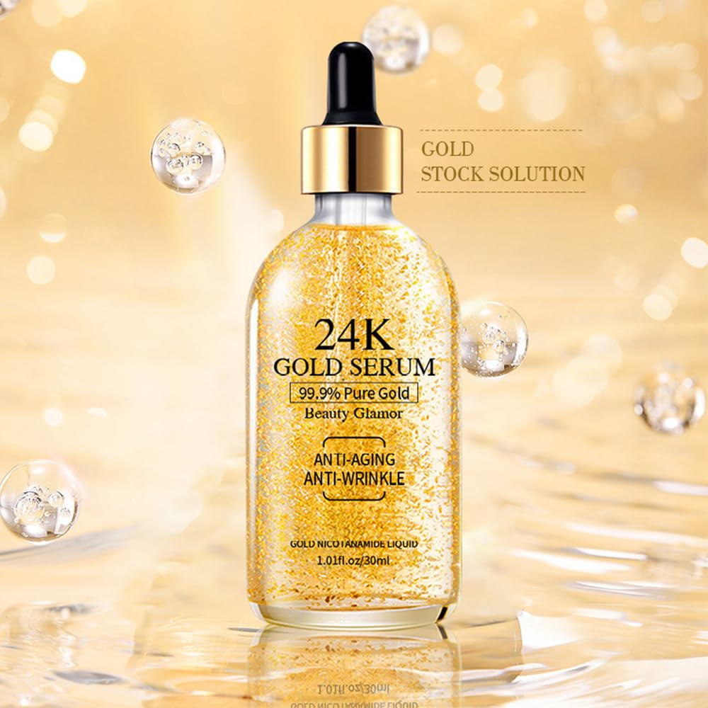 24k Gold Serum for Face, Skin Moisturizing Anti-Aging Anti-Redness Acne Treatment Essence Cream for Dark Spots & Fine Lines, Skin Care Gold Essence Nicotinamide Serum (30ml)