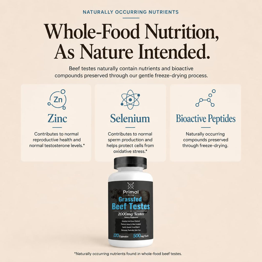 Primal Being Grassfed Beef Testes Capsules – Nutrient-Dense Beef Organ Supplement for Men, New Zealand Sourced, 120 Capsules