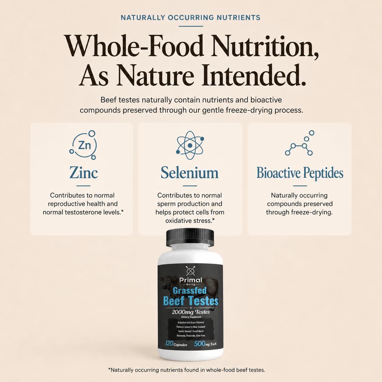 Primal Being Grassfed Beef Testes Capsules – Nutrient-Dense Beef Organ Supplement for Men, New Zealand Sourced, 120 Capsules