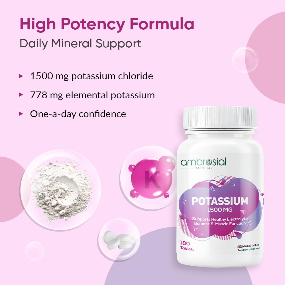 Ambrosial Potassium Chloride 1500 mg – High Strength Potassium Supplement – 778 mg Elemental Potassium – Daily Mineral Support for Muscle, Nerve & Balance – UK Made, GMP Certified – 180 Tablets