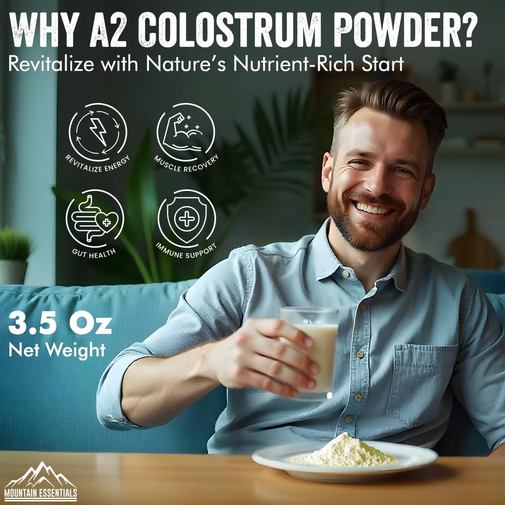 MOUNTAIN ESSENTIALS A2 Colostrum Powder 3.5 Oz Bovine Grass Fed Above 40% IGG Gluten Free, Non GMO 1 Year Shelf Life 50 Servings Pack of 2