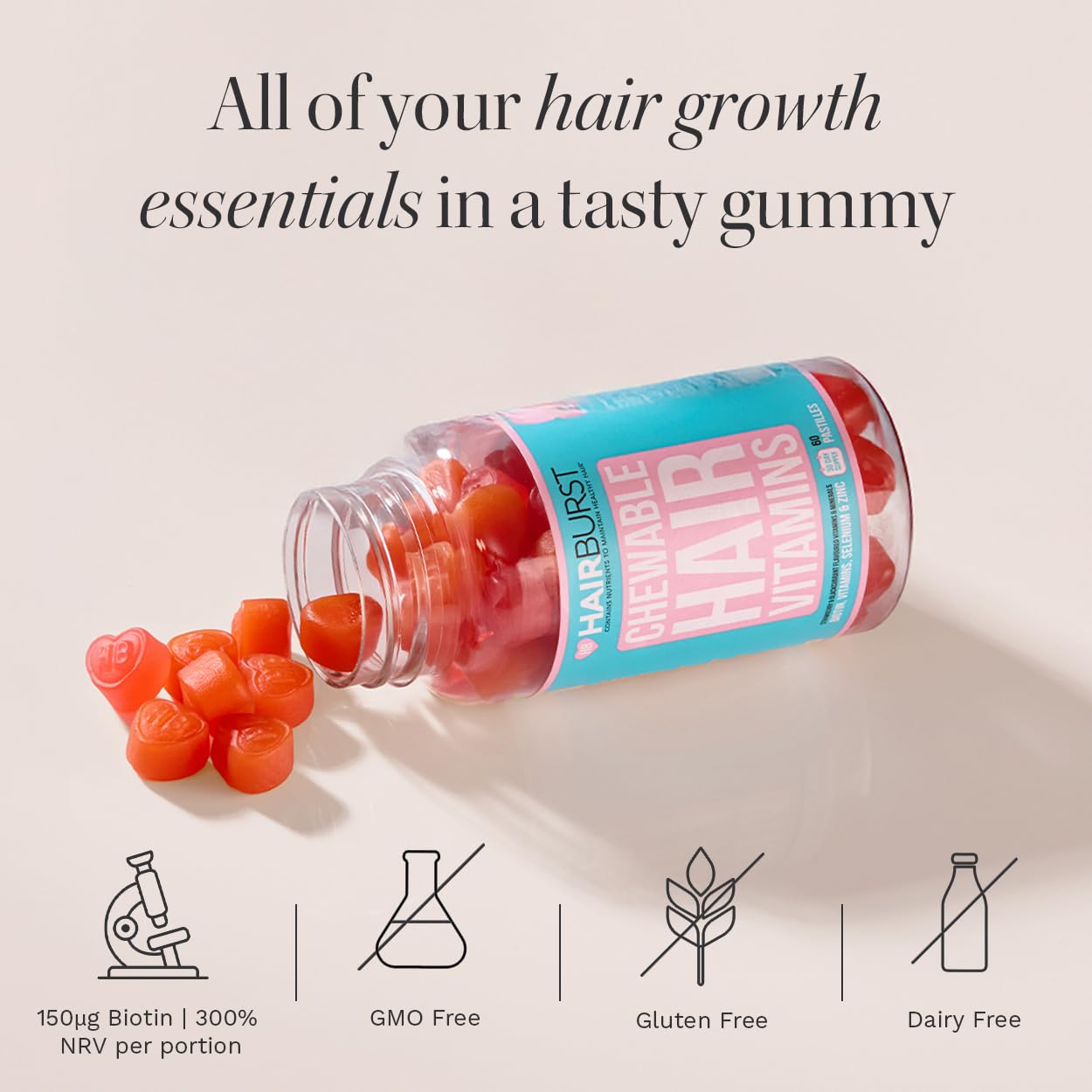 HAIR BURST Hair Growth Biotin Gummies - Daily Vitamins - 30 Day Supply
