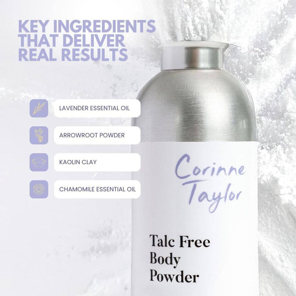 Corinne Taylor Organic Talc-Free Body Powder with Lavender & Chamomile – Natural Dusting Powder for Anti-Sweat, Anti-Chafing & Sensitive Skin – Gentle Absorbent Powder 85g
