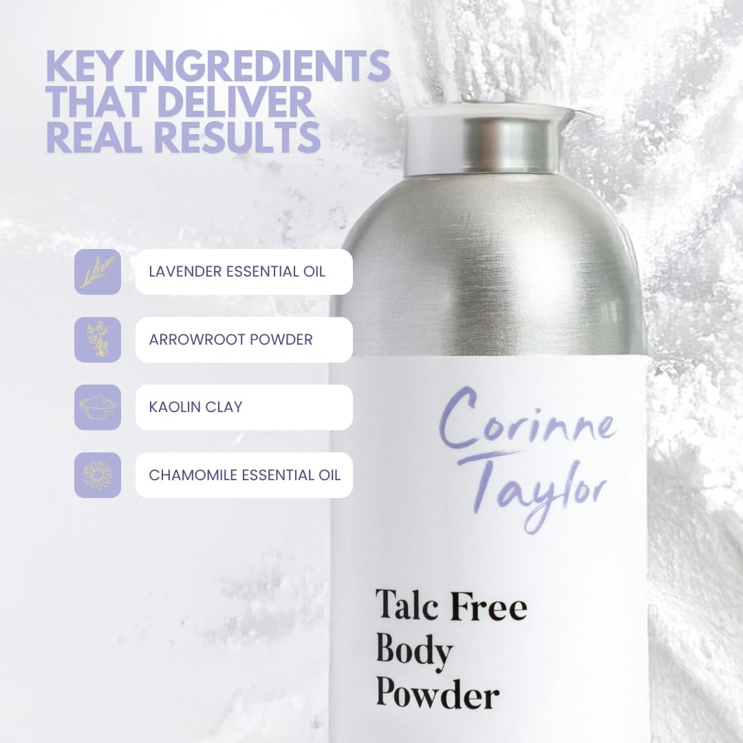 Corinne Taylor Organic Talc-Free Body Powder with Lavender & Chamomile – Natural Dusting Powder for Anti-Sweat, Anti-Chafing & Sensitive Skin – Gentle Absorbent Powder 85g