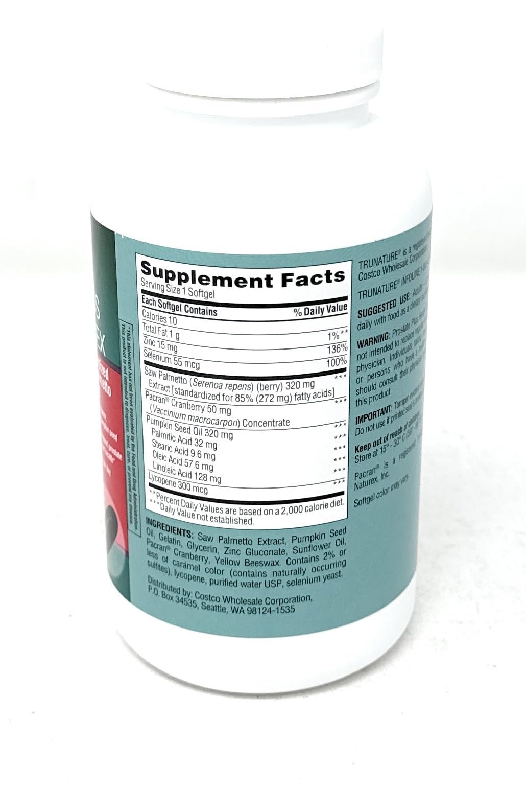 TruNature Prostate Plus Health Complex - Saw Palmetto with Zinc, Lycopene, Pumpkin Seed, Cranberry - 250 Softgels (1 Bottle)