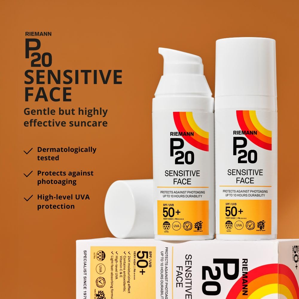RIEMANN P20 Sensitive FACE SPF50+ UV Protection Cream, 50 Grams | Non Greasy Highly Effective Protects Face from UV Radiation |Sun Protection Factor 50+ | Wear under Make Up