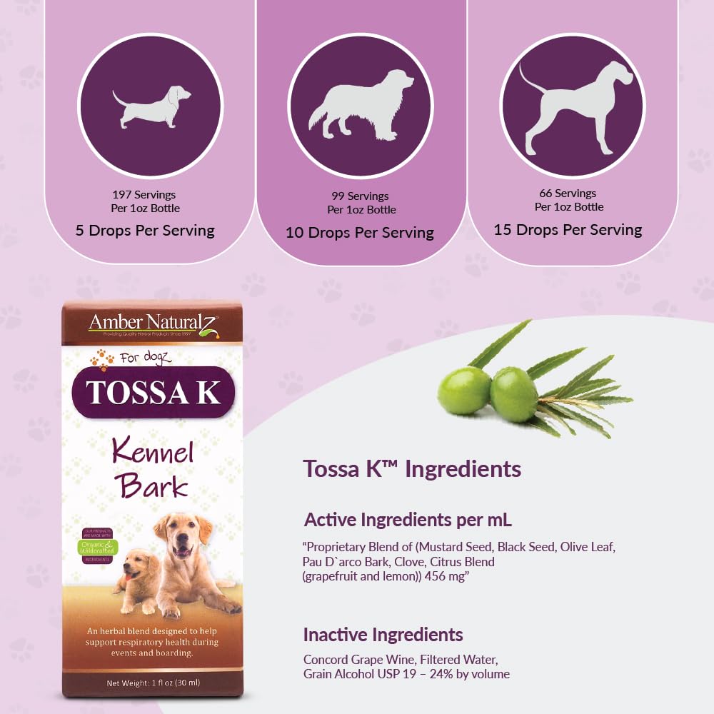 Amber NaturalZ Tossa K Kennel Bark Herbal Supplements for Dogs and Puppies | Canine Herbal Blend for Respiratory Health | 1 Fluid Ounce Glass Bottle | Globally Sourced Ingredients | Made in the USA