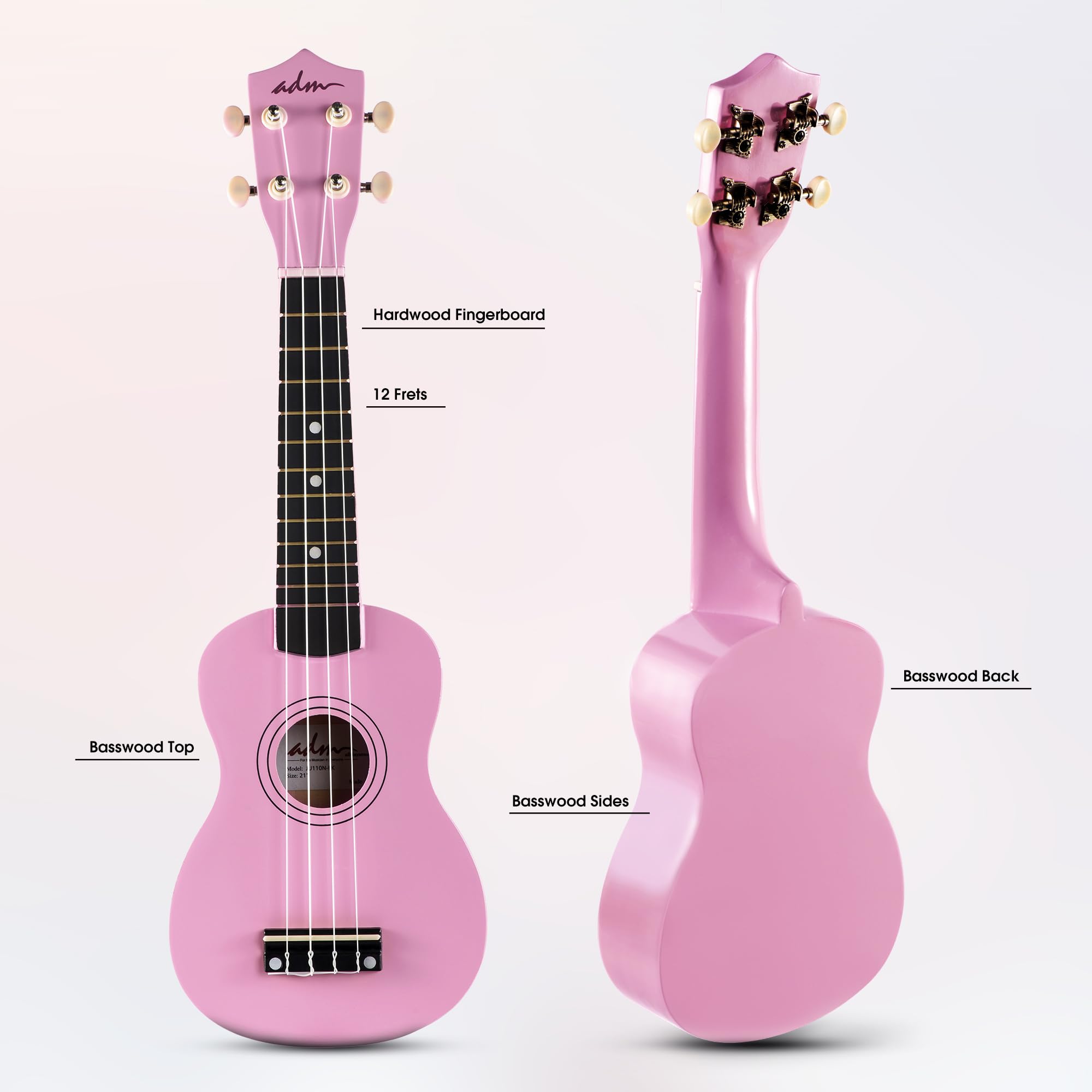 ADM Ukulele Beginner, Hawaiian Wood, Ukulele Kit, for Children, Adults, Students, Beginners, Ukalelee Professional Package, with Free Teaching Strap, Tuner
