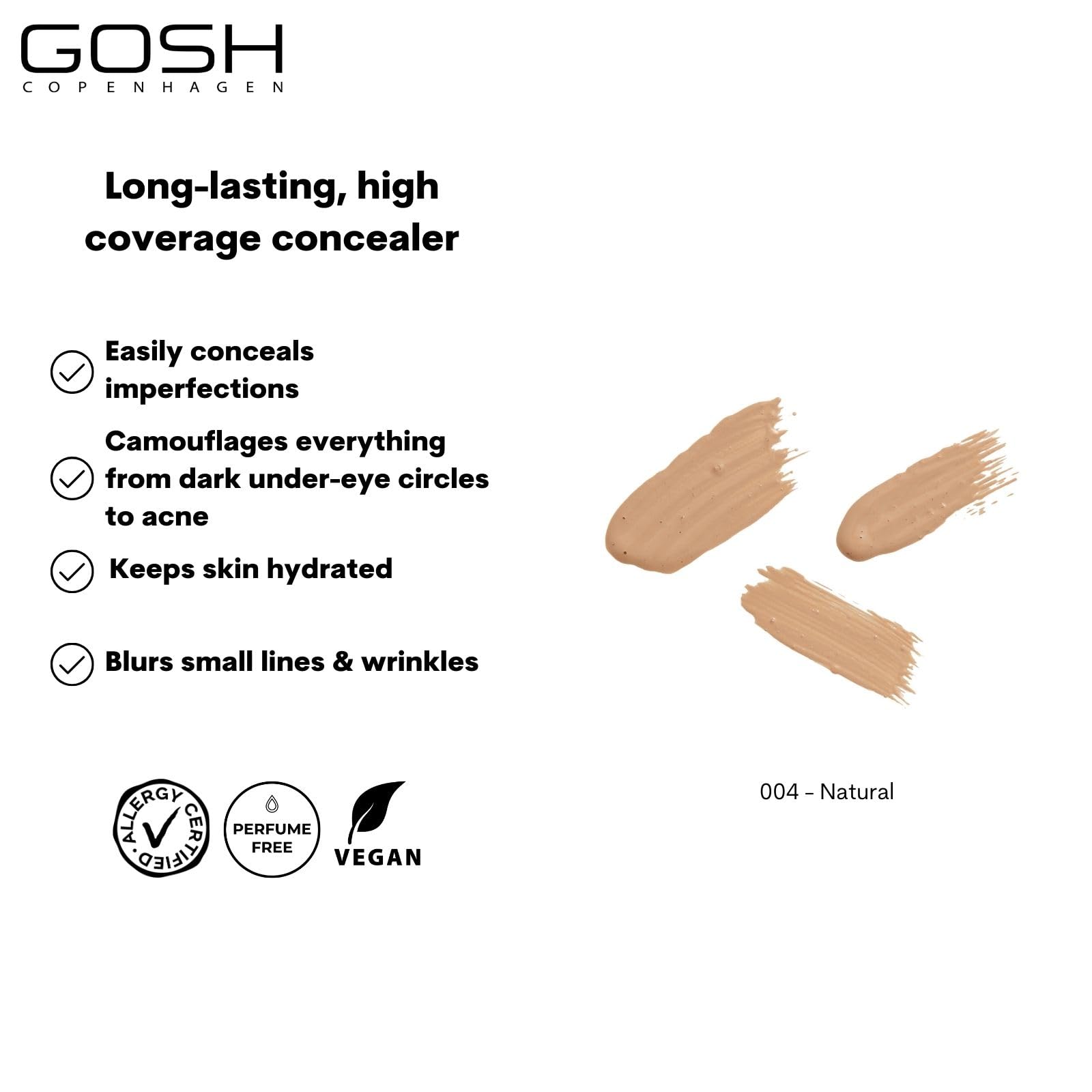 GOSH Concealer High Coverage 004 Natural I High coverage liquid concealer to cover dark circles, redness, blemishes and pimples for sensitive skin I Long-lasting, vegan and allergy-certified