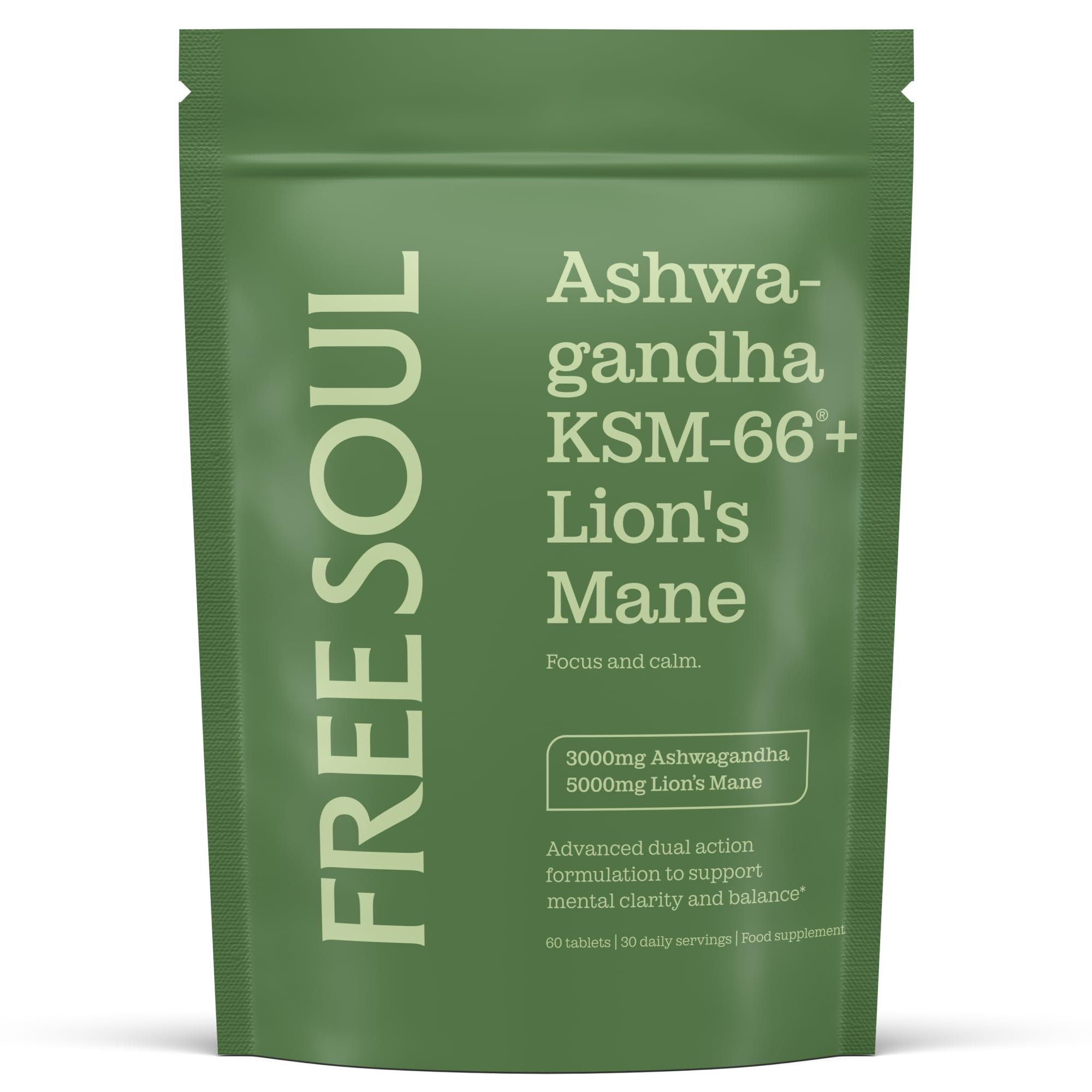 Ashwagandha KSM 66 + Lions Mane Complex | 3000mg Ashwagandha High Strength + 5000mg Lions Mane Tablets | Added Zinc + Vitamin B6 | Vegan UK Made | Free Soul