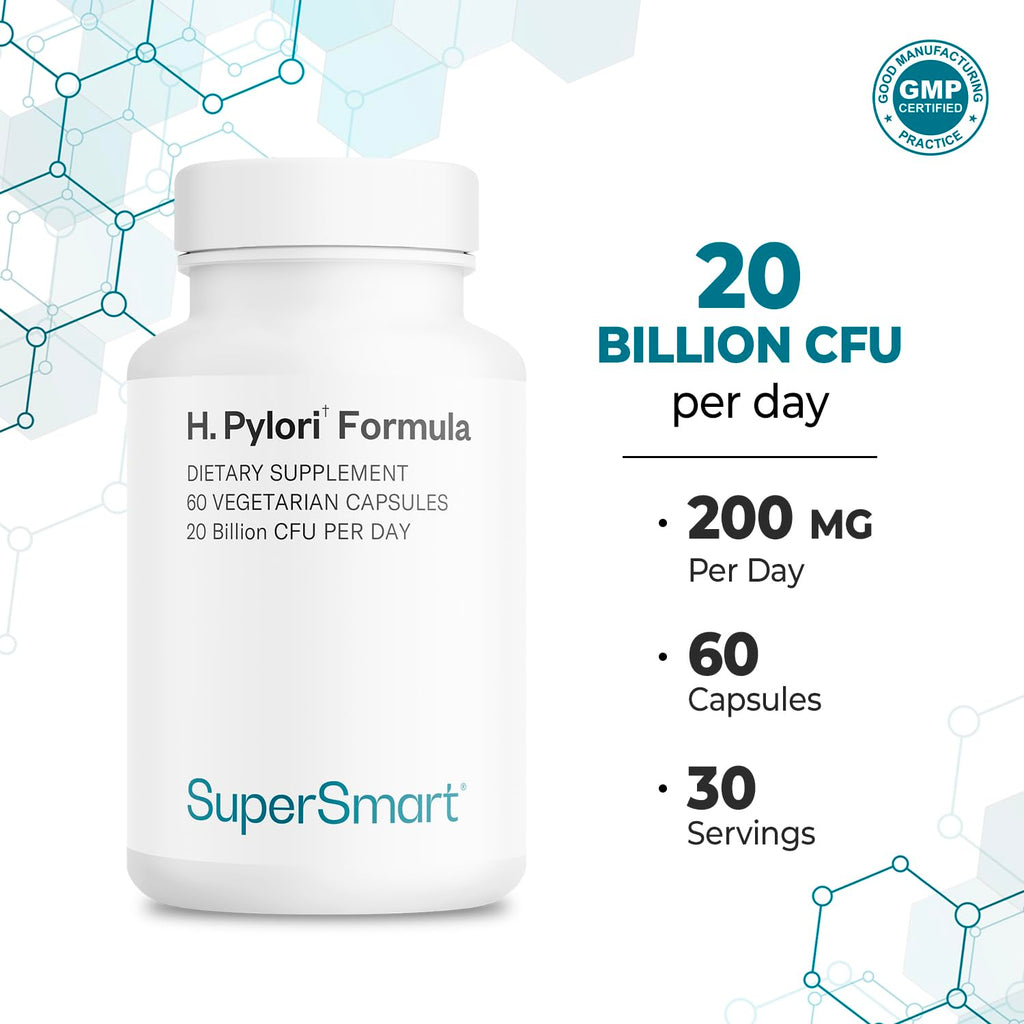 Supersmart H. Pylori Formula 20 Billion CFU per Day - Natural Probiotic Lactobacillus Reuteri DSM 17648 Supplement | Non-GMO & Gluten Free - 60 Vegetarian Capsules